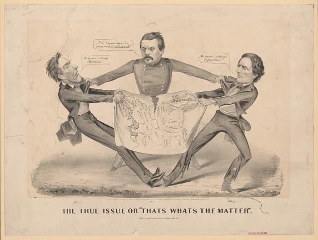 Abraham Lincoln and Jefferson Davis - with George McClellan between them - pulling a map of the nation apart.