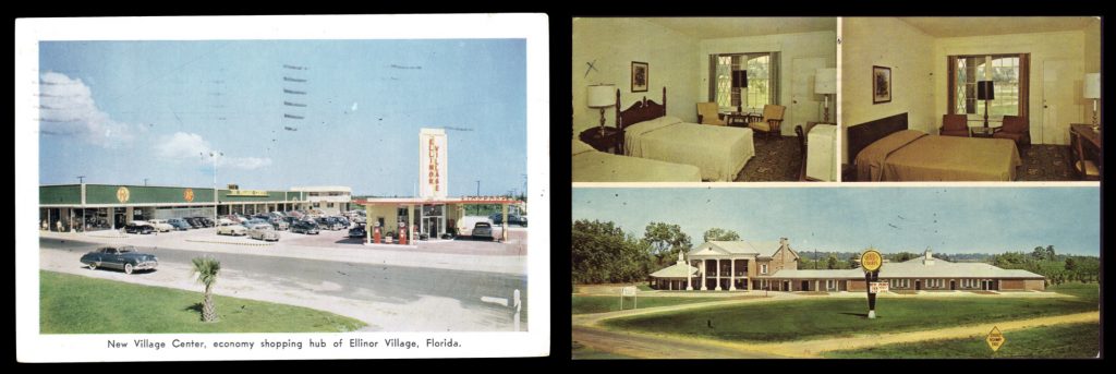 Postcards of a shopping center and motel
